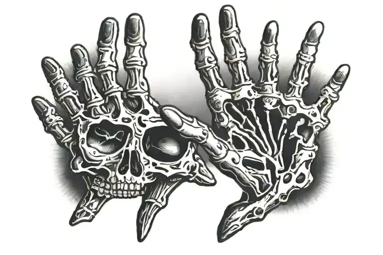 Skeleton Hand Touching Finger Tips With A Normal Hand With A Sun Behind Them
