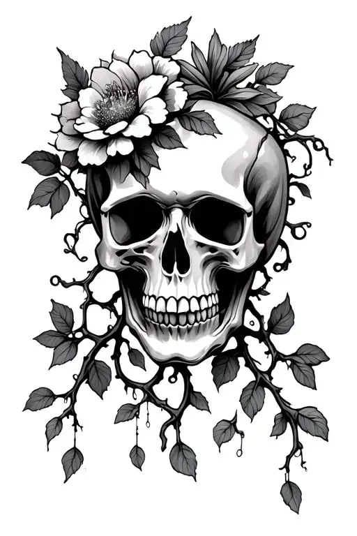 Skull With Vines Hanging Off Bottom And Flowers On Top