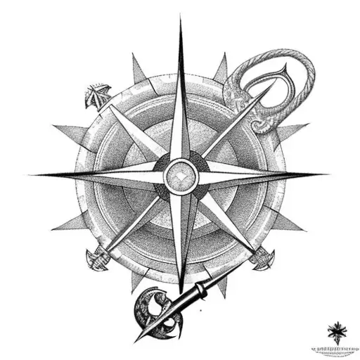 An Intricately Detailed Compass Rose With A Duck Hunting Decoy And A Fishing Hook Intertwined