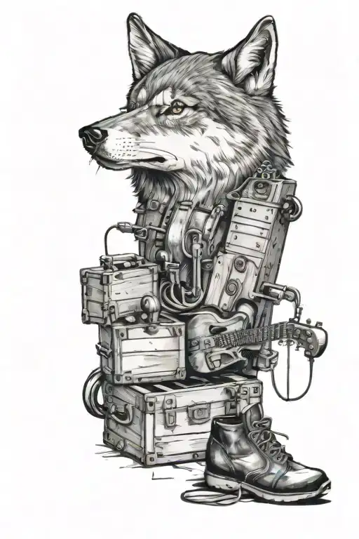 A Warehouse Scene With Musical Instruments And A Wolf Peeking Out From Behind Boxes