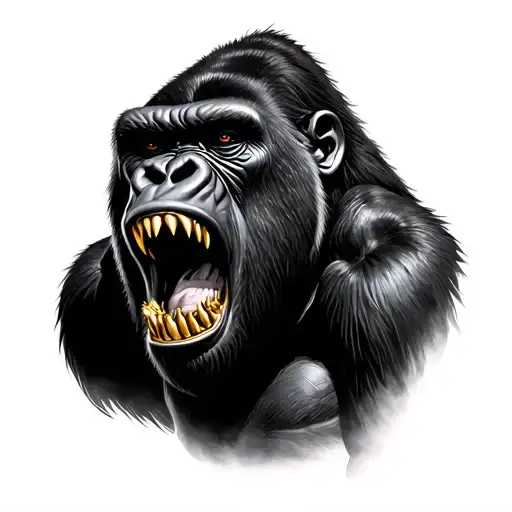 Realistic Silverback Gorilla Roaring With Gold Fangs