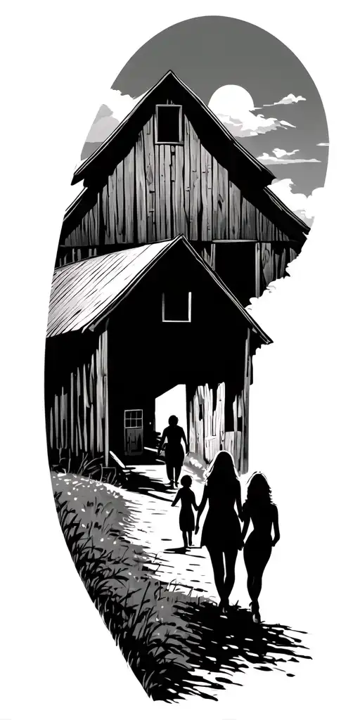 Classic Barn With A Path With 3 Kids And A Wife Walking
