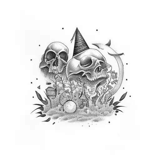 A Black-grey Tattoo Of A Witchy Garden With Various Curiosities And Oddities Scattered Around