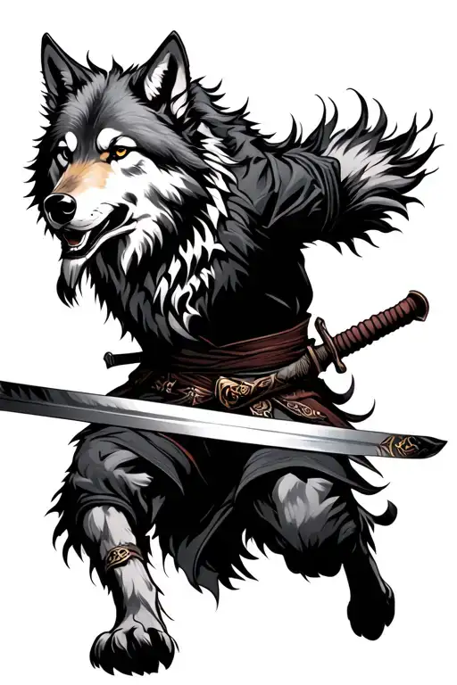 Wolf Running And Samurai Sword