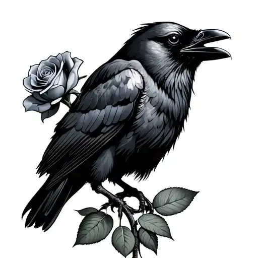 Crow Hold Rose In Mouth