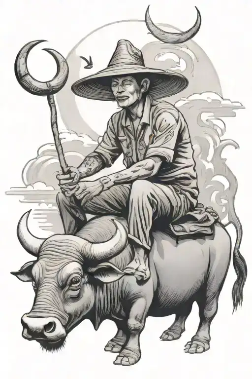 Vietnamese Farmer In Traditional Triangle Hat Sitting On A Water Buffalo With Big Horns