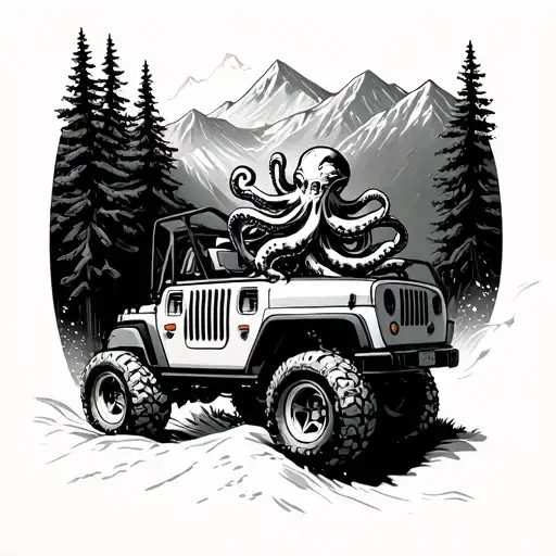 Octopuss Driving A Jeep Up A Mountain