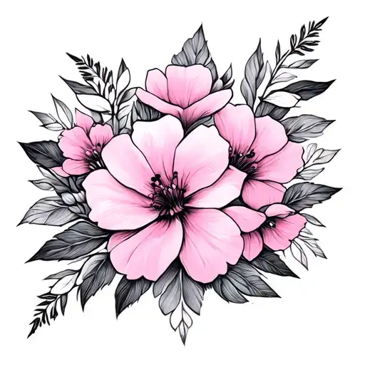 Geometric Fine Line Pink Flowers Chest Arm