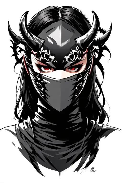 Female Ninja Warrior Half Wearing A Demon Mask