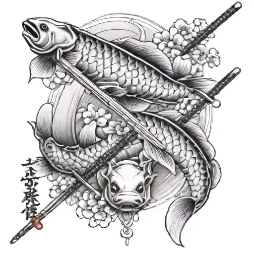 Katana With Sakura Behind And Two Carpes Koi Fish Next To The Katana
