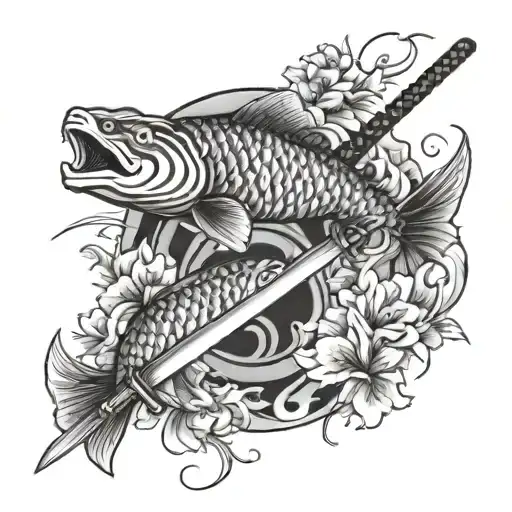 Katana With Sakura Behind And Two Carpes Koi Fish Next To The Katana Like Yin And Yang