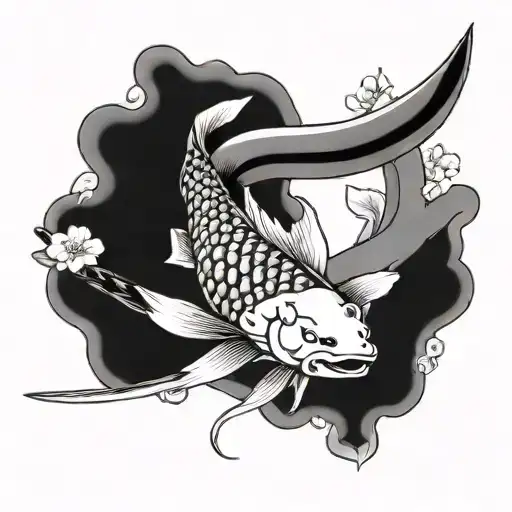Katana With Sakura Behind And Two Carpes Koi Fish Next To The Katana