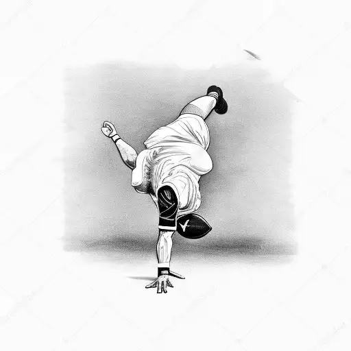 A Black And Grey Tattoo Of A Football Player Executing A Handstand With Acrobatic Flair