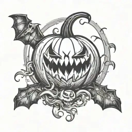 Pumpkin And Ghost And Bats Flying In Sky