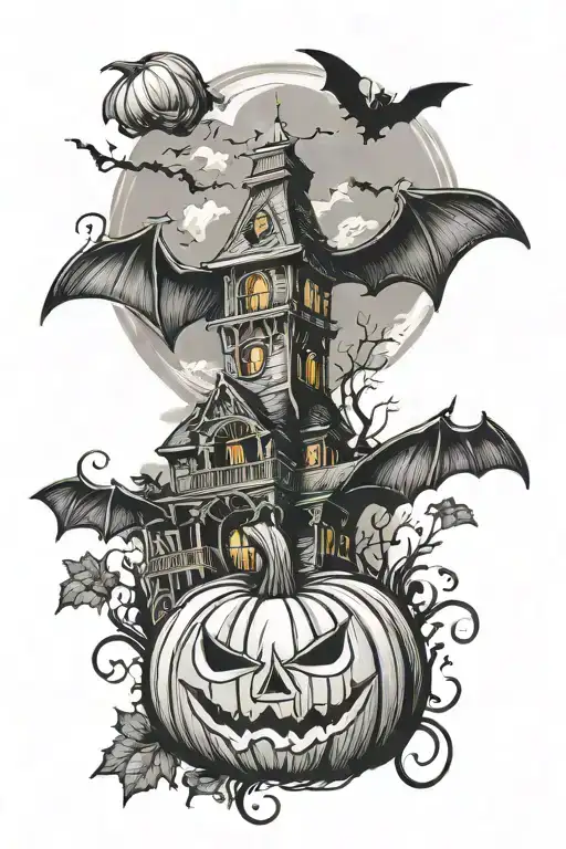 Pumpkin With Bats Flying Over And Haunted House