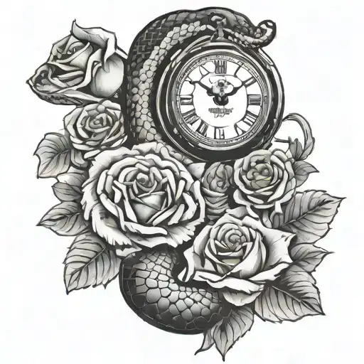 Snake And Clock Swallowing It's Tail And Roses