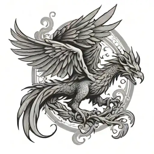 Phoenix With Outstretched Wings And A Dragon On The Right