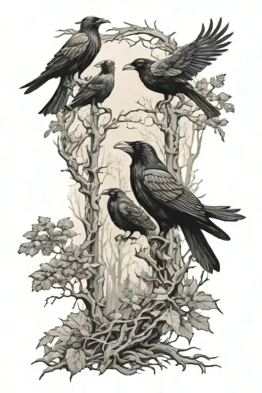 Nordic Forest Scene Featuring Ravens Huginn And Muninn