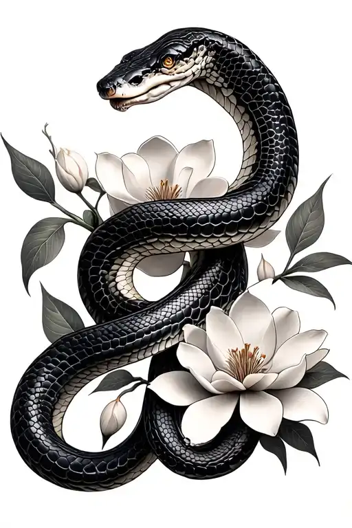 Realistic Snake And Magnolia Flowers Intertwined