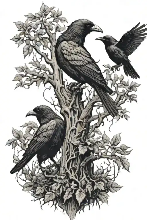 Poison Tree And Crows Flying Above Realistic Portrait