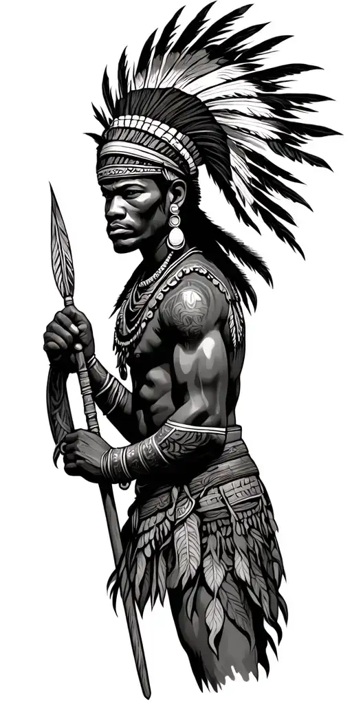 African Warrior With Head Head Dress Holding A Spear