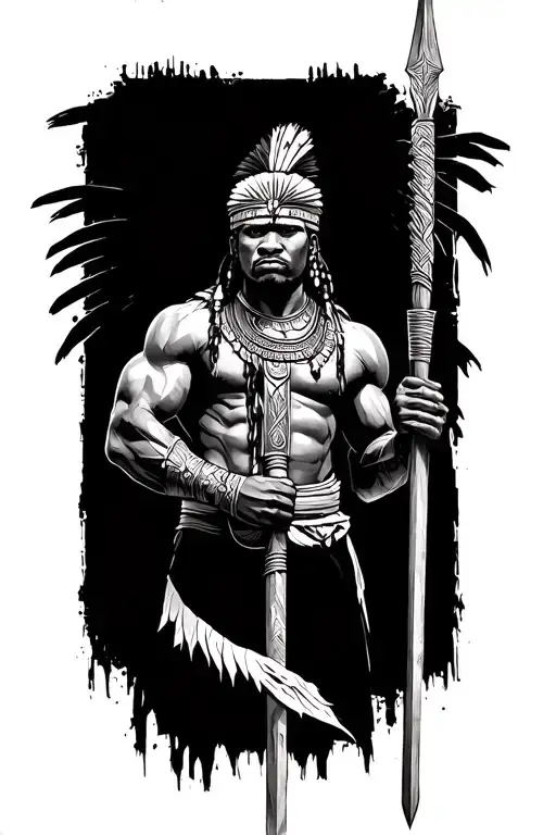 Muscular African Warrior With Head Head Dress Weilding A Spear
