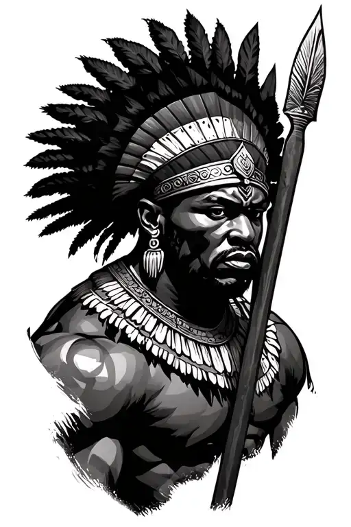 Muscular African Warrior With Head Head Dress With A Spear