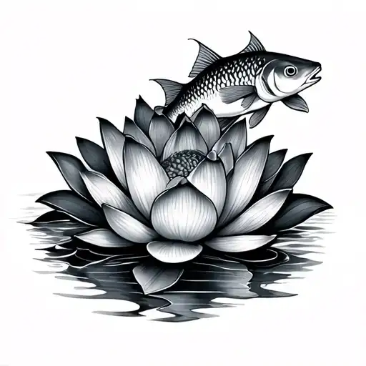 Lotus Flower And Fish Swimming Gracefully
