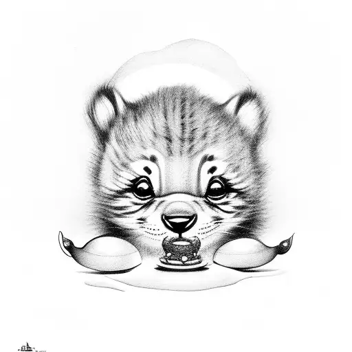 A Cute Cub Playing With A Laughing Buddha Figurine