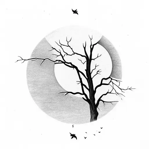 Moon In The Sky With Clouds Lake Side Trees With Branches And Birds