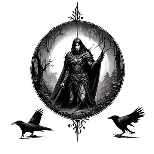 Half Burned Forest And Half Alive Forest And Warrior In A Garden With Ravens