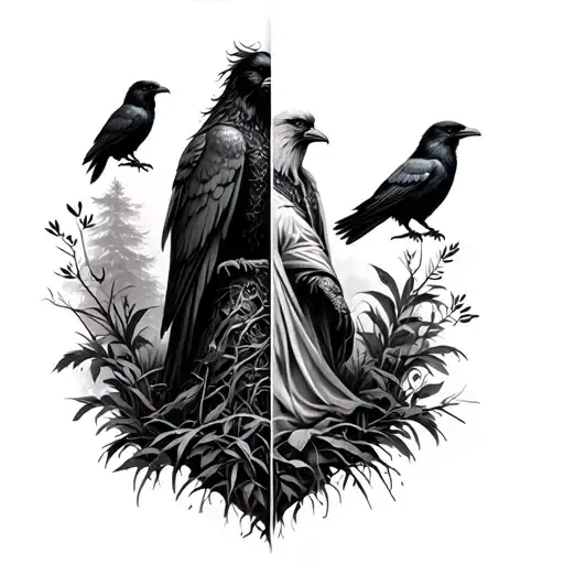 Half Burned Forest And Half Alive Forest And Samuri In A Garden With Ravens