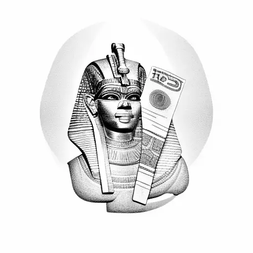 A Black And Grey Portrait Of An Egyptian Goddess Holding A Stack Of Money