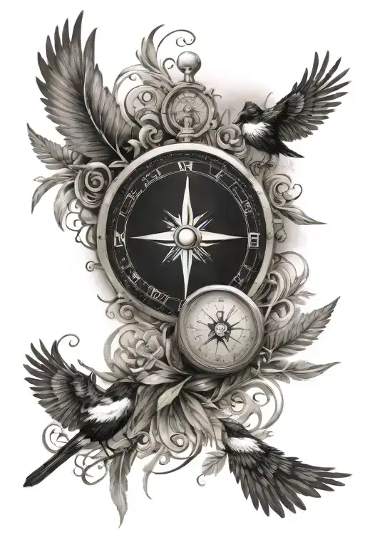 Compass Surrounded By Two Sets Of Roman Numerals A Magpie And Music Note