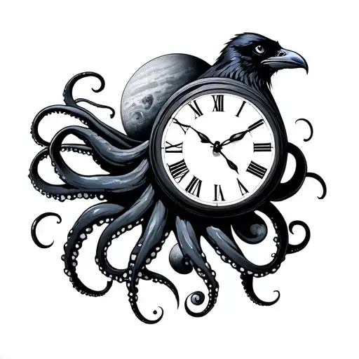 Clock Octupus Planets Raven