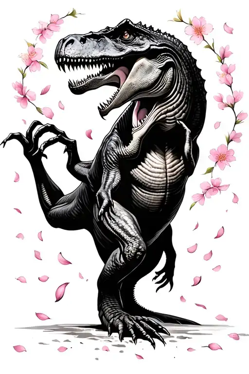 T Rex Reaching Up To Grab Cherry Blossom Petals Falling