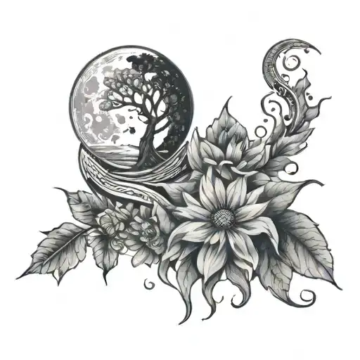 Spine Tattoo Of Spiritual And Flowers And Water And Traveling And Moon Phases