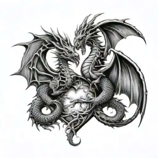 Twin Fantasy Dragons Intertwine Heart Shaped