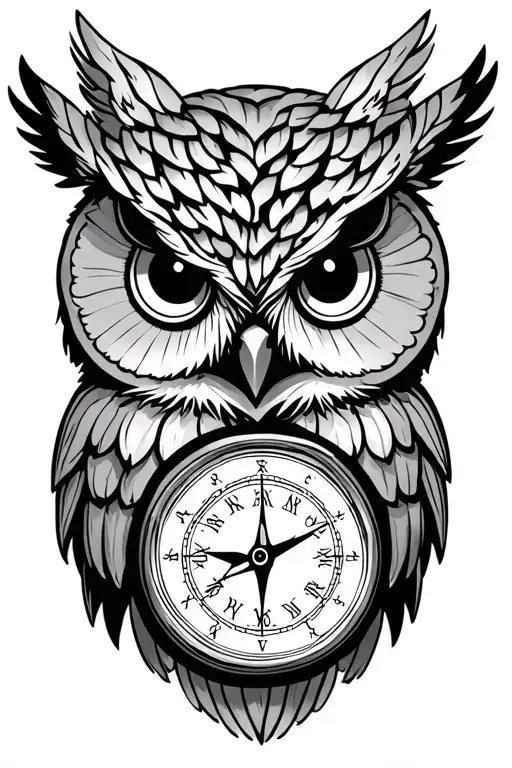 Owl With Time Clock And Compass