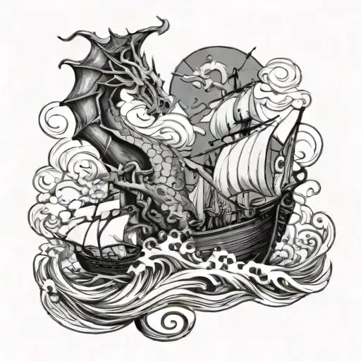Dragon Circling A Ship Sailing Through Stormy