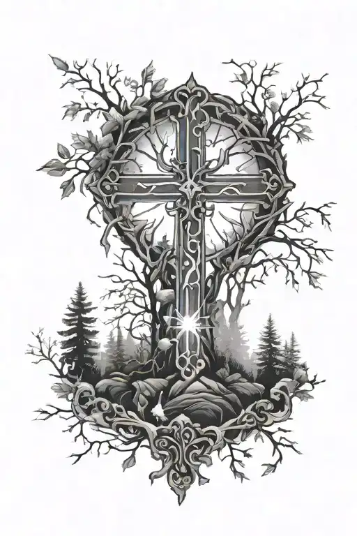 Light Shining In The Forest With A Cross Surrounded