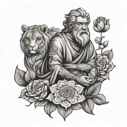 Stoic Philosopher Surrounded By Lion Owl Scales And Lotus Flowers