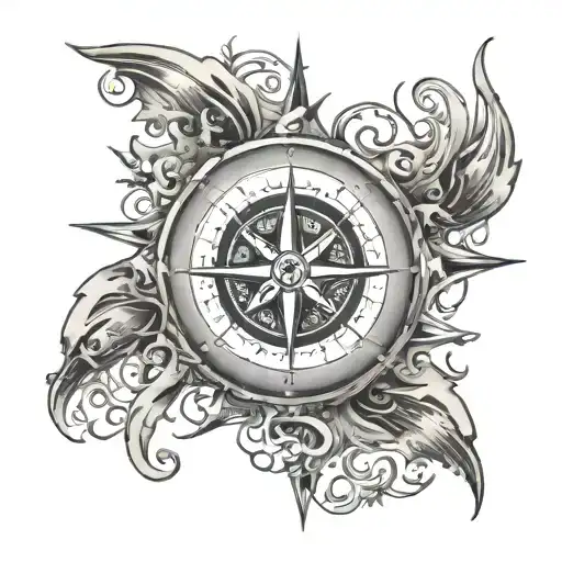 A Black And Grey Compass Rose With Intricate Ocean Waves And Lagoon Elements
