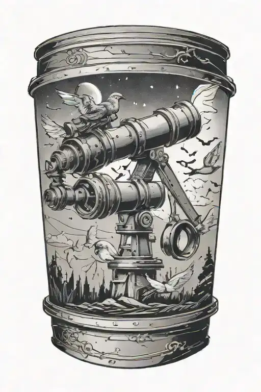 A Detailed Close-up Of A Telescope Lens With Birds And Bats Silhouetted Against The Night Sky