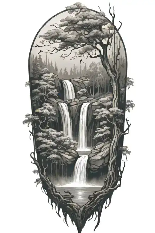 A Magical Waterfall Cascading Into A Pool Surrounded By Ancient Trees And Ravens