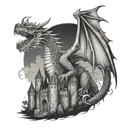 Realistic Dragon Breathing Fire On A Castle At Night