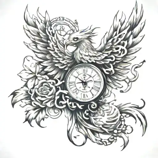 Draw Me A Tattoo Template In Black And White Phoenix With Chains And A Clock