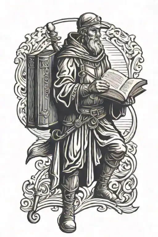 Woodcut Style Tattoo Of A Medieval Man With A Book