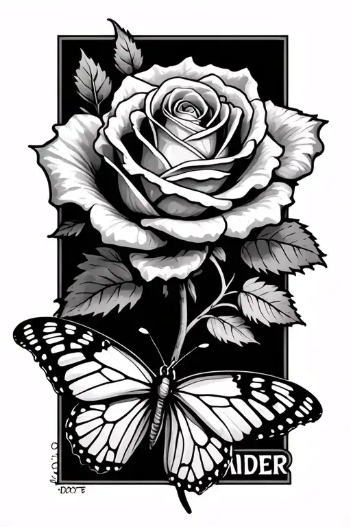 Rose With A Stem And The Word Sonder Under It With A Butterfly