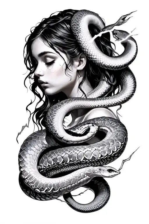 Girl Serrauonded By Snakes Lightning Wrapped Geometric